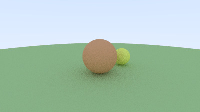 An orange sphere and a small yellow sphere on a green ground with soft dark shadows under them.
