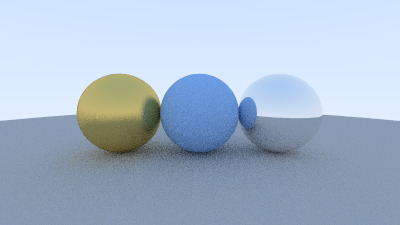 A gold sphere, a blue sphere and a mirror sphere in a row on a grey floor.