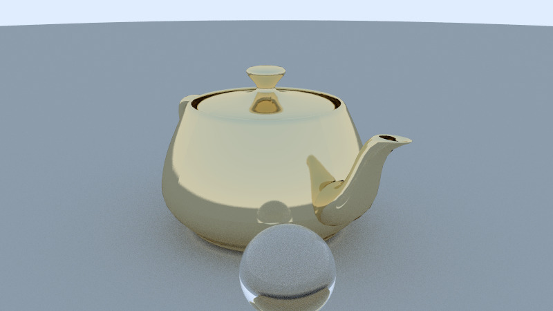 A gold Utah teapot and a glass ball on a grey ground under a pale sky.